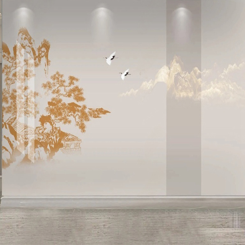 Interior Design With Wallpaper - Elegant Chinese Hand-Painted Pine & Crane