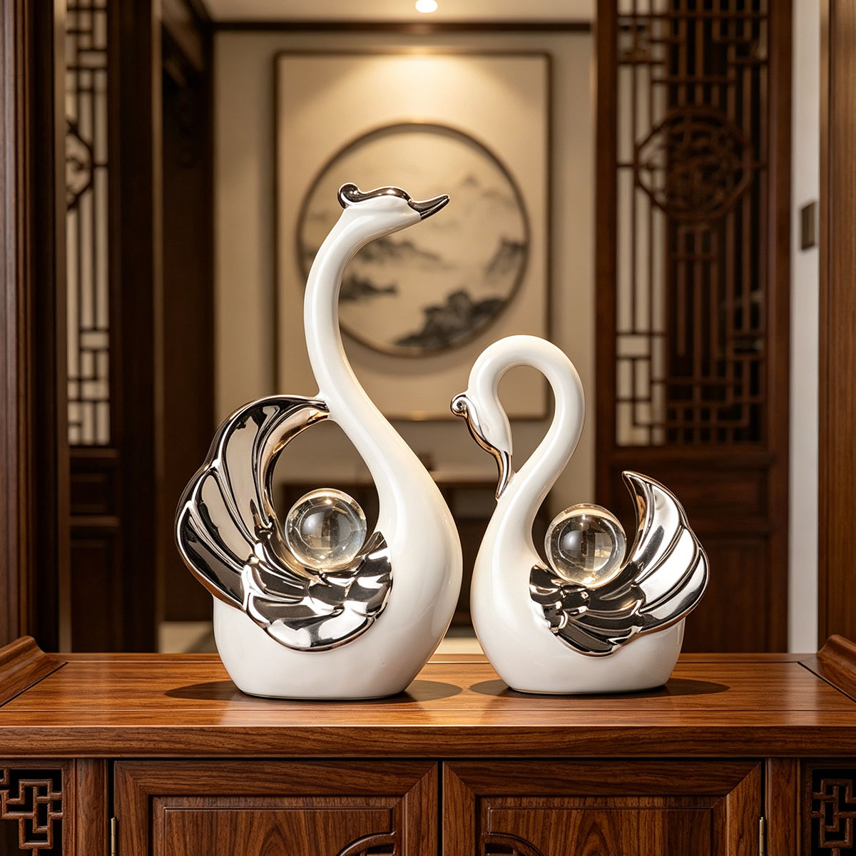 Interior Design Apartment - Ceramic Couple Swan Ornament With Crystal