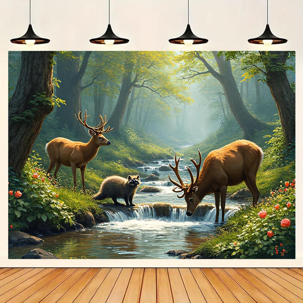 Interior Design With Wallpaper - Deer Forest Stream Wall Mural 2D