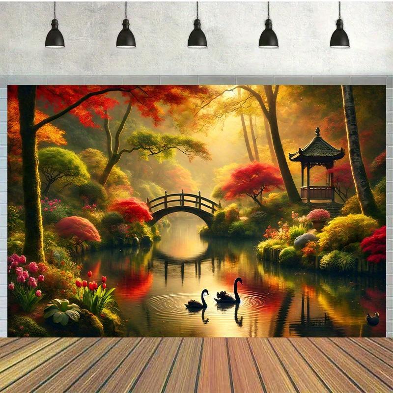 Interior Design With Wallpaper - Autumn Garden Bridge Swans Wall Tapestry