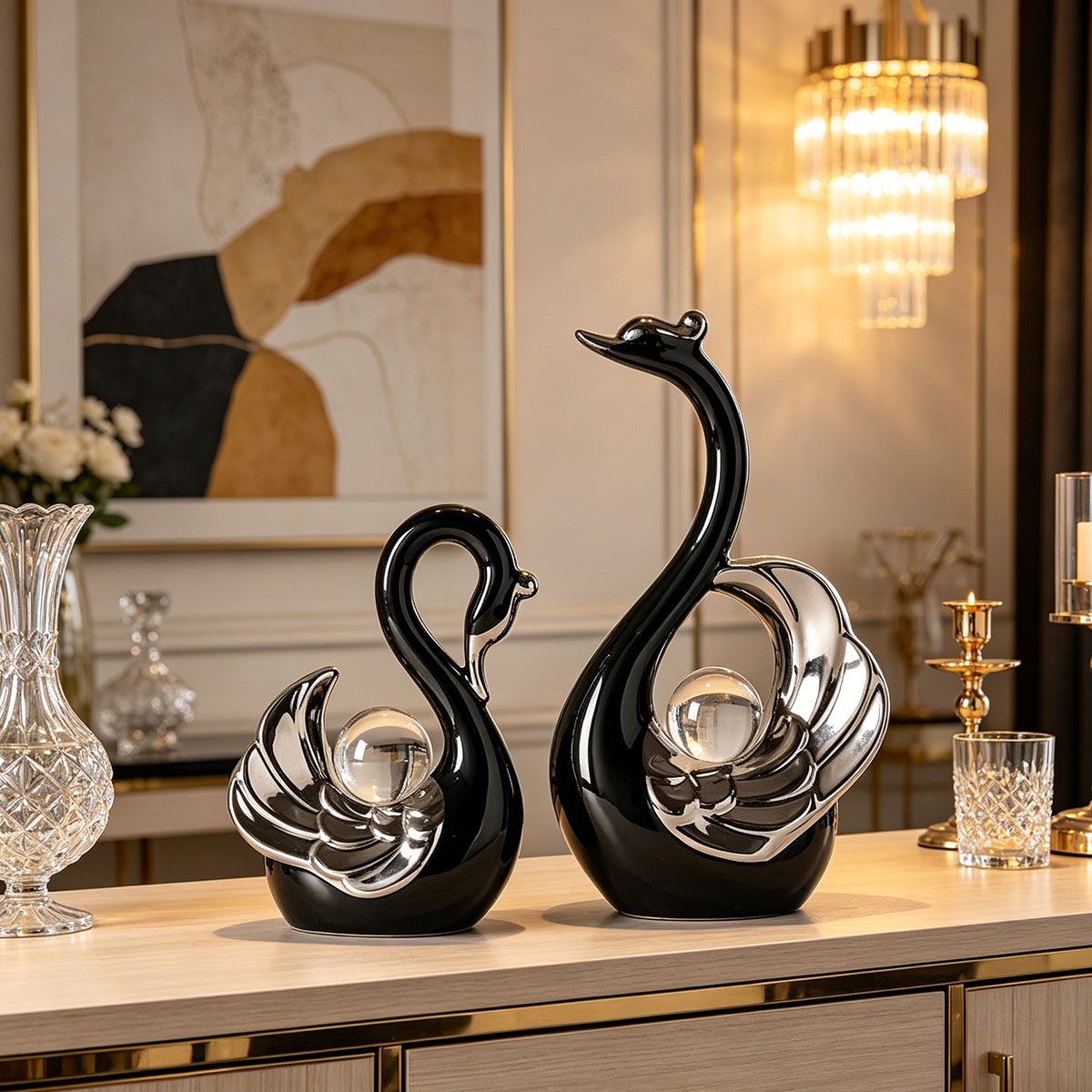 Ceramic Couple Swan Ornament W - Interior Design Apartment review and price