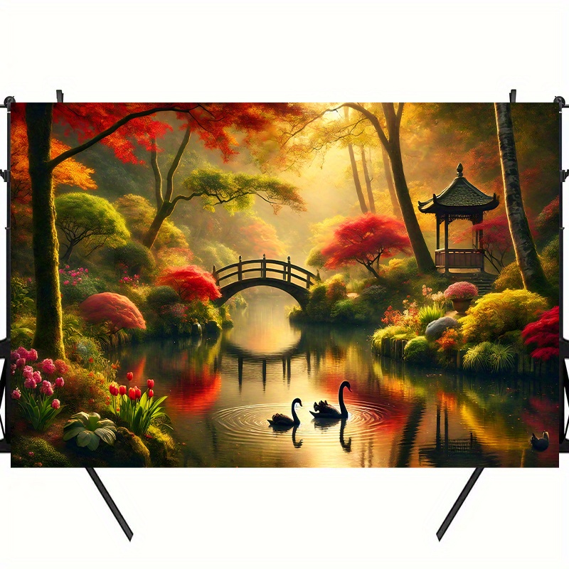 Autumn Garden Bridge Swans Wal - Interior Design With Wallpaper review and price